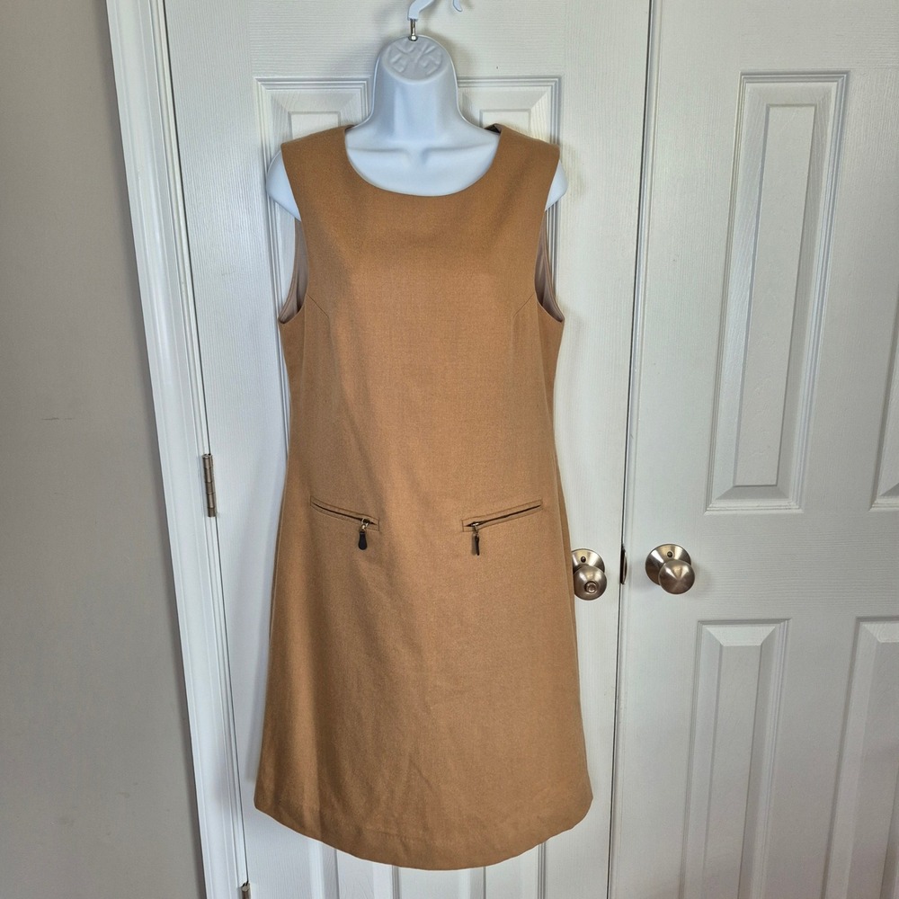L.L.Bean vintage wool sleeveless tan dress with pockets size 8